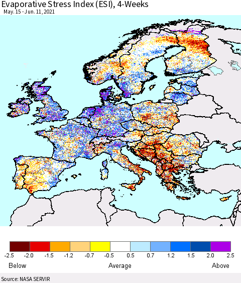 Europe Evaporative Stress Index (ESI), 4-Weeks Thematic Map For 6/7/2021 - 6/13/2021