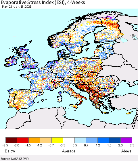 Europe Evaporative Stress Index (ESI), 4-Weeks Thematic Map For 6/14/2021 - 6/20/2021