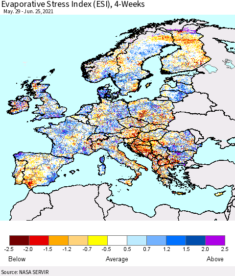 Europe Evaporative Stress Index (ESI), 4-Weeks Thematic Map For 6/21/2021 - 6/27/2021