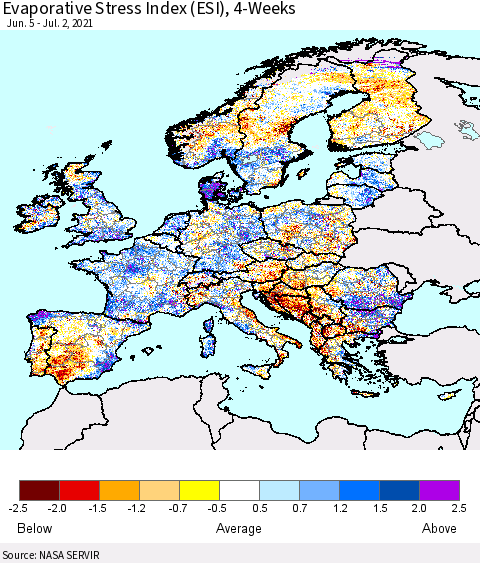 Europe Evaporative Stress Index (ESI), 4-Weeks Thematic Map For 6/28/2021 - 7/4/2021