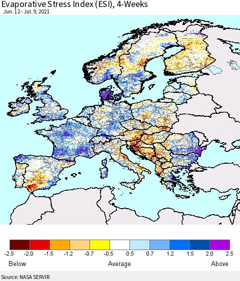 Europe Evaporative Stress Index (ESI), 4-Weeks Thematic Map For 7/5/2021 - 7/11/2021