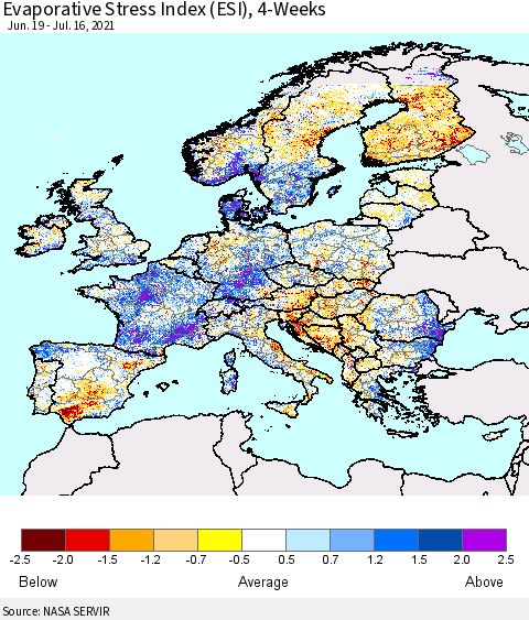 Europe Evaporative Stress Index (ESI), 4-Weeks Thematic Map For 7/12/2021 - 7/18/2021