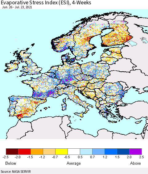 Europe Evaporative Stress Index (ESI), 4-Weeks Thematic Map For 7/19/2021 - 7/25/2021