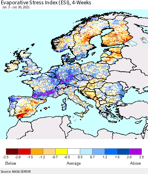 Europe Evaporative Stress Index (ESI), 4-Weeks Thematic Map For 7/26/2021 - 8/1/2021