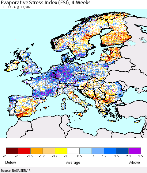 Europe Evaporative Stress Index (ESI), 4-Weeks Thematic Map For 8/9/2021 - 8/15/2021
