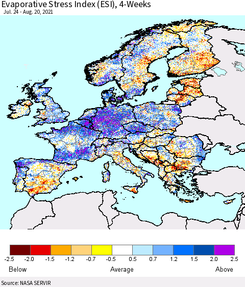 Europe Evaporative Stress Index (ESI), 4-Weeks Thematic Map For 8/16/2021 - 8/22/2021