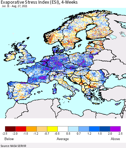 Europe Evaporative Stress Index (ESI), 4-Weeks Thematic Map For 8/23/2021 - 8/29/2021