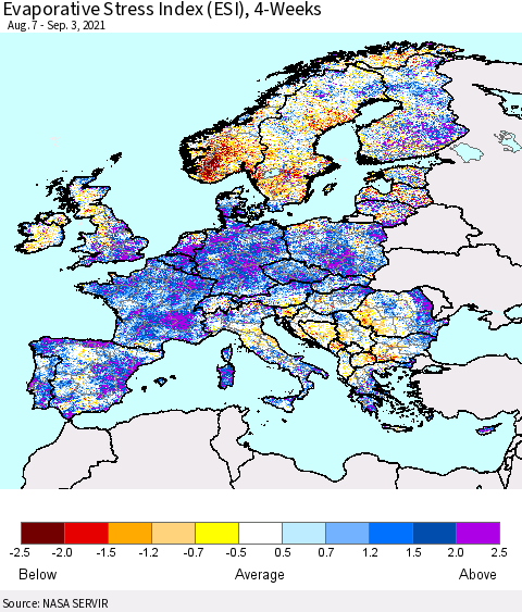Europe Evaporative Stress Index (ESI), 4-Weeks Thematic Map For 8/30/2021 - 9/5/2021