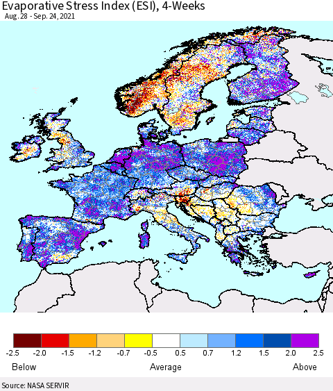 Europe Evaporative Stress Index (ESI), 4-Weeks Thematic Map For 9/20/2021 - 9/26/2021