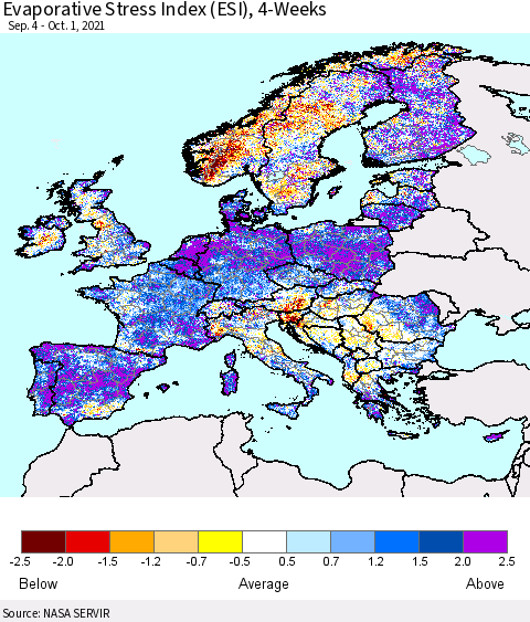 Europe Evaporative Stress Index (ESI), 4-Weeks Thematic Map For 9/27/2021 - 10/3/2021