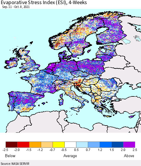 Europe Evaporative Stress Index (ESI), 4-Weeks Thematic Map For 10/4/2021 - 10/10/2021
