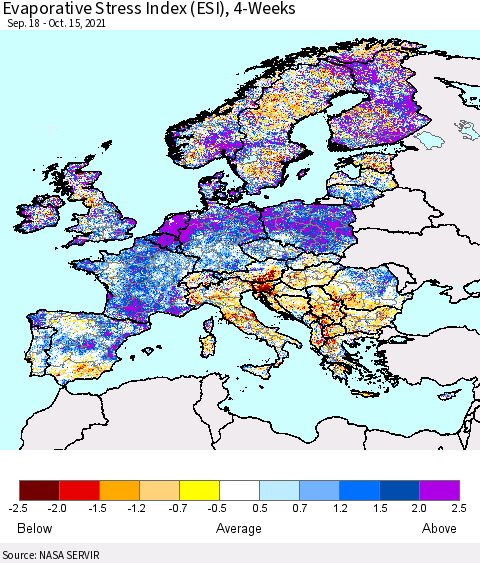Europe Evaporative Stress Index (ESI), 4-Weeks Thematic Map For 10/11/2021 - 10/17/2021