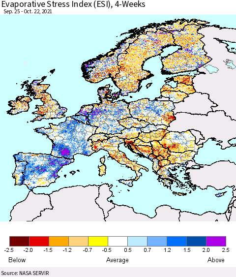 Europe Evaporative Stress Index (ESI), 4-Weeks Thematic Map For 10/18/2021 - 10/24/2021