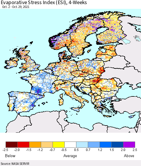 Europe Evaporative Stress Index (ESI), 4-Weeks Thematic Map For 10/25/2021 - 10/31/2021
