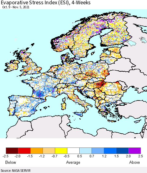 Europe Evaporative Stress Index (ESI), 4-Weeks Thematic Map For 11/1/2021 - 11/7/2021