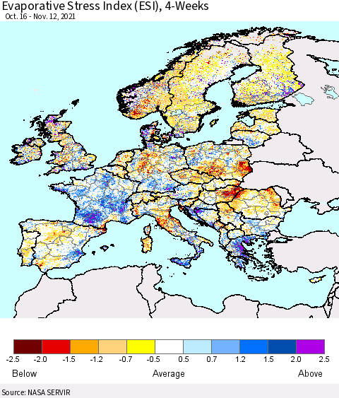 Europe Evaporative Stress Index (ESI), 4-Weeks Thematic Map For 11/8/2021 - 11/14/2021