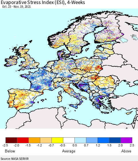 Europe Evaporative Stress Index (ESI), 4-Weeks Thematic Map For 11/15/2021 - 11/21/2021