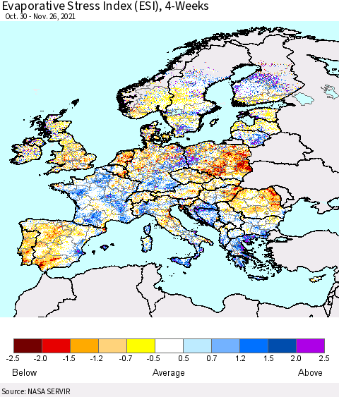 Europe Evaporative Stress Index (ESI), 4-Weeks Thematic Map For 11/22/2021 - 11/28/2021