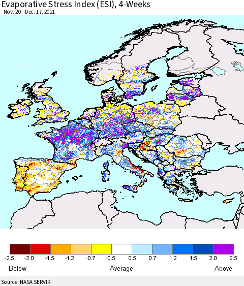 Europe Evaporative Stress Index (ESI), 4-Weeks Thematic Map For 12/13/2021 - 12/19/2021