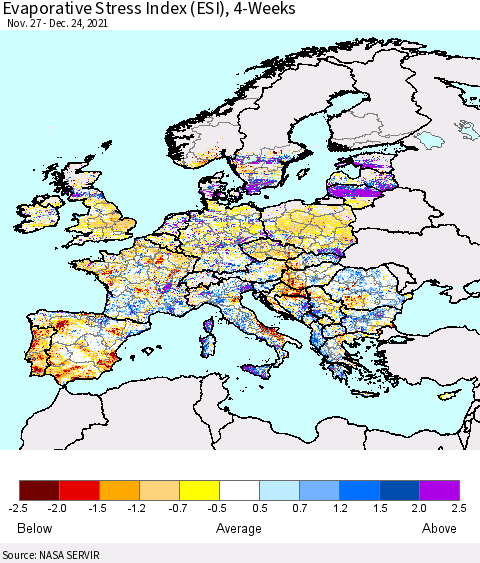 Europe Evaporative Stress Index (ESI), 4-Weeks Thematic Map For 12/20/2021 - 12/26/2021