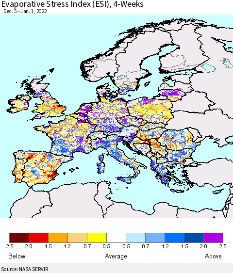 Europe Evaporative Stress Index (ESI), 4-Weeks Thematic Map For 12/27/2021 - 1/2/2022