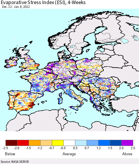 Europe Evaporative Stress Index (ESI), 4-Weeks Thematic Map For 1/3/2022 - 1/9/2022