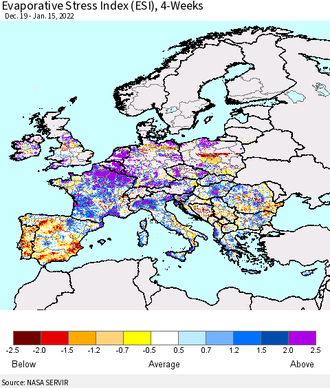 Europe Evaporative Stress Index (ESI), 4-Weeks Thematic Map For 1/10/2022 - 1/16/2022