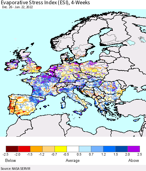 Europe Evaporative Stress Index (ESI), 4-Weeks Thematic Map For 1/17/2022 - 1/23/2022