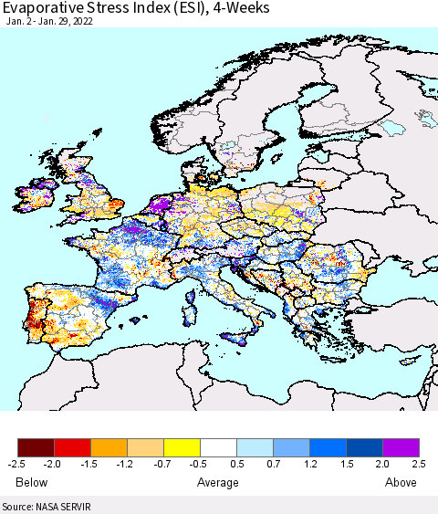 Europe Evaporative Stress Index (ESI), 4-Weeks Thematic Map For 1/24/2022 - 1/30/2022