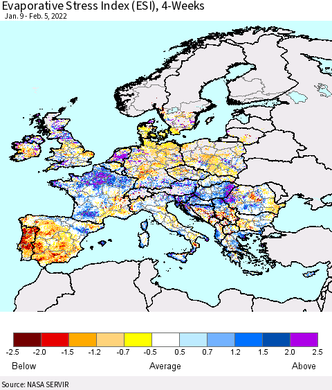 Europe Evaporative Stress Index (ESI), 4-Weeks Thematic Map For 1/31/2022 - 2/6/2022