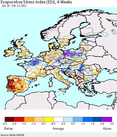 Europe Evaporative Stress Index (ESI), 4-Weeks Thematic Map For 2/7/2022 - 2/13/2022