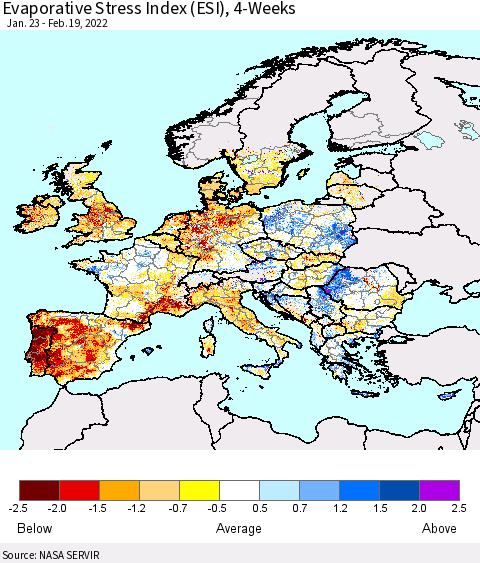 Europe Evaporative Stress Index (ESI), 4-Weeks Thematic Map For 2/14/2022 - 2/20/2022