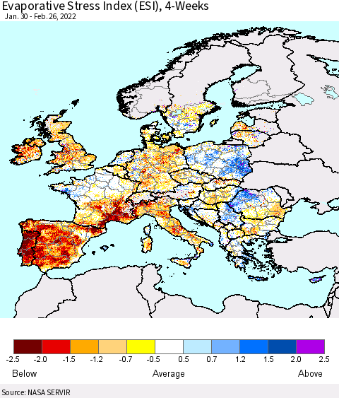 Europe Evaporative Stress Index (ESI), 4-Weeks Thematic Map For 2/21/2022 - 2/27/2022