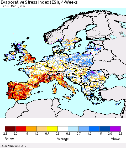 Europe Evaporative Stress Index (ESI), 4-Weeks Thematic Map For 2/28/2022 - 3/6/2022