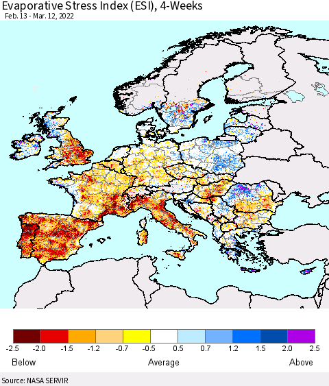 Europe Evaporative Stress Index (ESI), 4-Weeks Thematic Map For 3/7/2022 - 3/13/2022