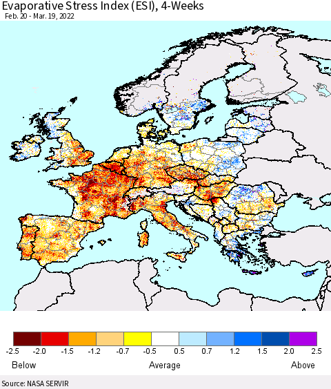 Europe Evaporative Stress Index (ESI), 4-Weeks Thematic Map For 3/14/2022 - 3/20/2022