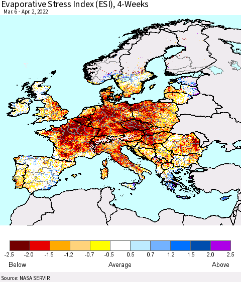 Europe Evaporative Stress Index (ESI), 4-Weeks Thematic Map For 3/28/2022 - 4/3/2022