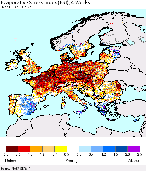 Europe Evaporative Stress Index (ESI), 4-Weeks Thematic Map For 4/4/2022 - 4/10/2022