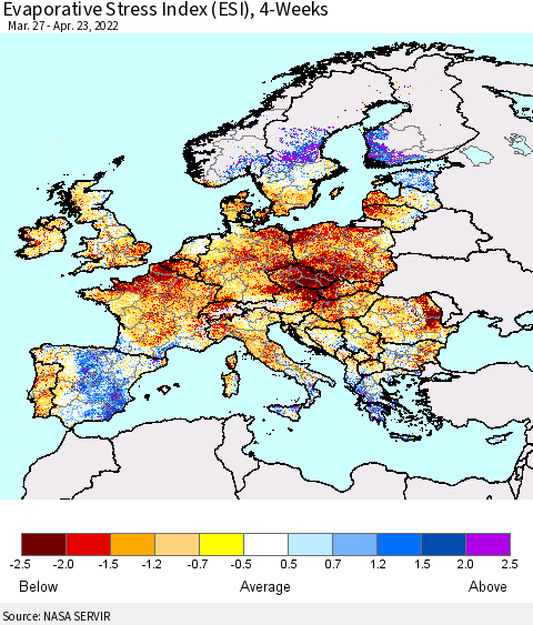 Europe Evaporative Stress Index (ESI), 4-Weeks Thematic Map For 4/18/2022 - 4/24/2022
