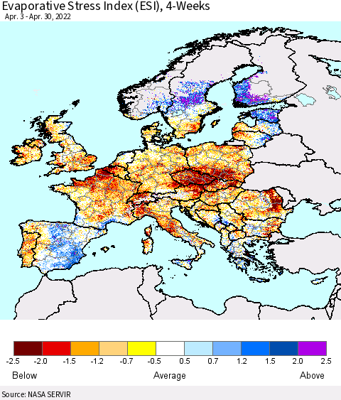Europe Evaporative Stress Index (ESI), 4-Weeks Thematic Map For 4/25/2022 - 5/1/2022