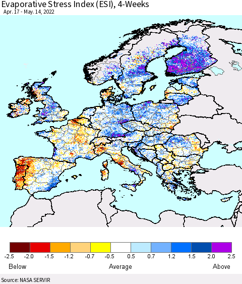 Europe Evaporative Stress Index (ESI), 4-Weeks Thematic Map For 5/9/2022 - 5/15/2022