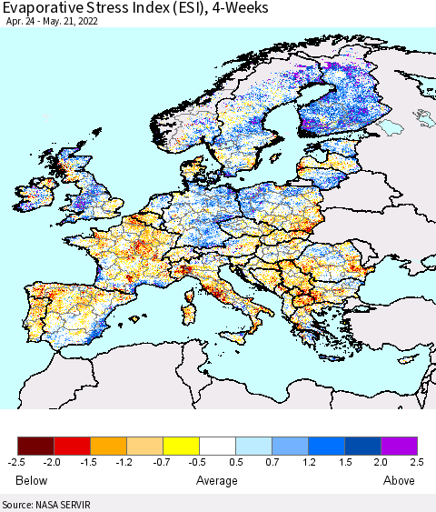 Europe Evaporative Stress Index (ESI), 4-Weeks Thematic Map For 5/16/2022 - 5/22/2022