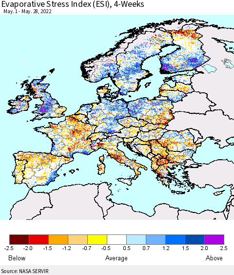 Europe Evaporative Stress Index (ESI), 4-Weeks Thematic Map For 5/23/2022 - 5/29/2022