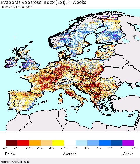 Europe Evaporative Stress Index (ESI), 4-Weeks Thematic Map For 6/13/2022 - 6/19/2022