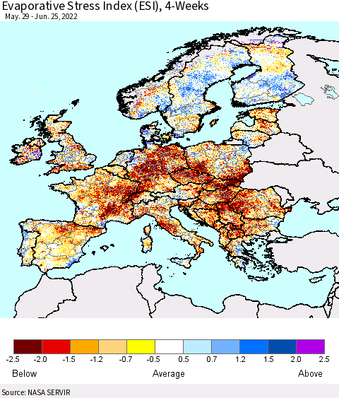 Europe Evaporative Stress Index (ESI), 4-Weeks Thematic Map For 6/20/2022 - 6/26/2022