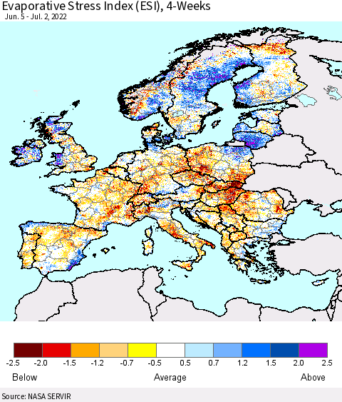 Europe Evaporative Stress Index (ESI), 4-Weeks Thematic Map For 6/27/2022 - 7/3/2022