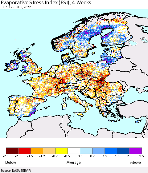 Europe Evaporative Stress Index (ESI), 4-Weeks Thematic Map For 7/4/2022 - 7/10/2022