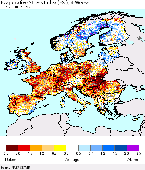 Europe Evaporative Stress Index (ESI), 4-Weeks Thematic Map For 7/18/2022 - 7/24/2022