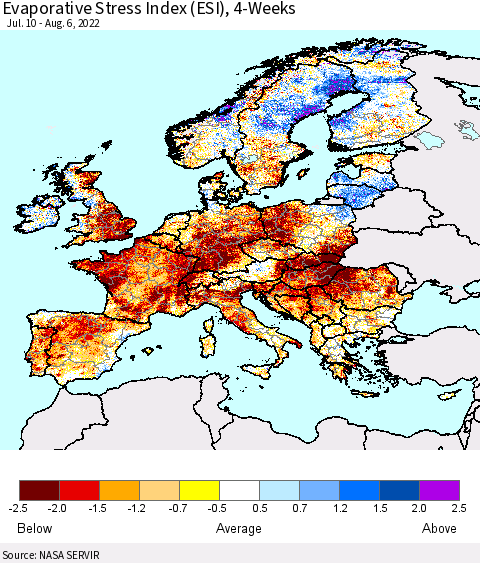 Europe Evaporative Stress Index (ESI), 4-Weeks Thematic Map For 8/1/2022 - 8/7/2022