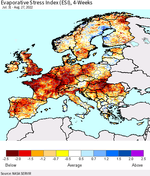 Europe Evaporative Stress Index (ESI), 4-Weeks Thematic Map For 8/22/2022 - 8/28/2022